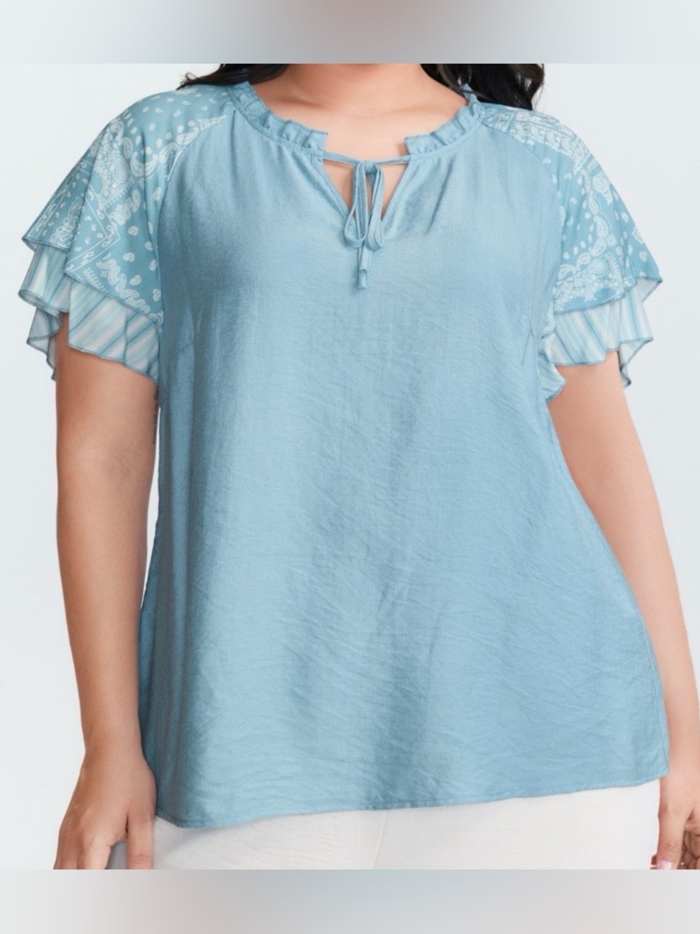 BloomChic Rayon Color Contrast Ruffled Sleeve Blouse - Light Blue